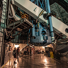 100-inch Hooker telescope. Hubble’s chair sits on a platform in the center left. (Photo credit: Ron Constable)