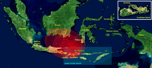 Map showing the distribution of the main ash cloud away from the eruption of Tambora, on the island of Sumbaya. Mt. Krakatau is in the strait between Java and Sumatra. (Courtesy Wikimedia Commons).