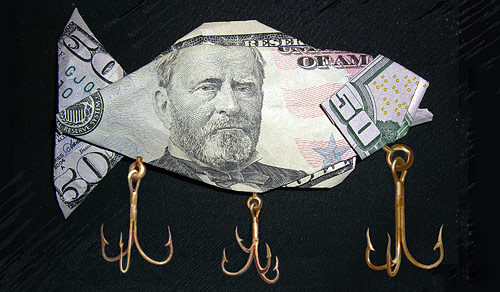 $50 bill origami fish with hooks