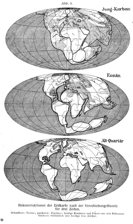 Alfred Wegener's 1915 reconstruction of the drifting of the continents from a supercontinent of Pangea to today. (Courtesy Wikimedia Commons).