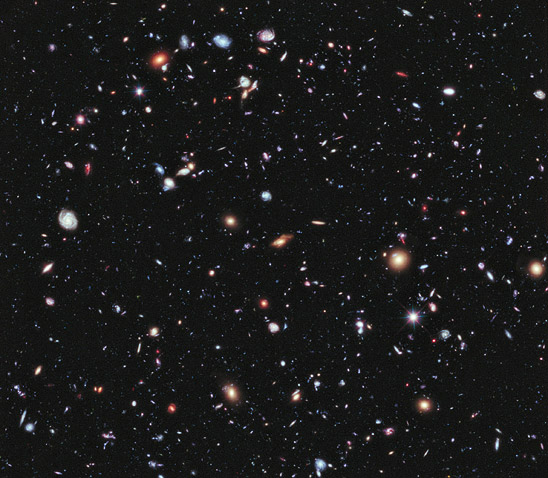 NASA Hubble Space Telescope's eXtreme Deep Field (XDF) photo, assembled from 10 years of  photographs taken of a patch of sky at the center of the original Hubble Ultra Deep Field.