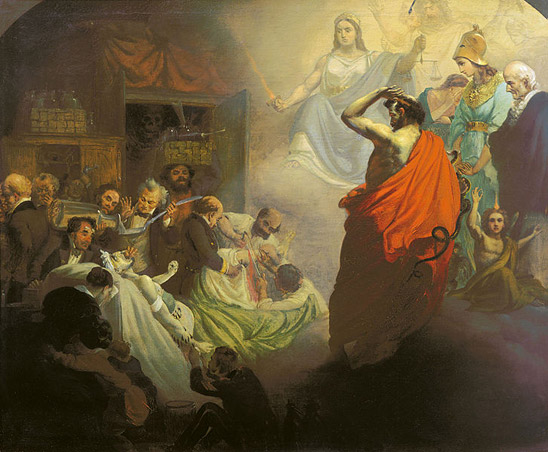 1857 painting by Alexander Beydeman (1826-1869) depicting historical figures and personifications of homeopathy, including the founder of homeopathy, Christian Friedrich Samuel Hahnemann (far right), observing the perceived brutality of allopathic medicine of the 19th century.