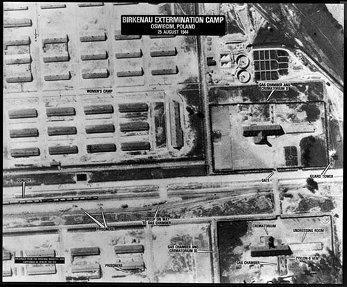 Aerial photograph of Crematoria II and III of Auschwitz-Birkenau