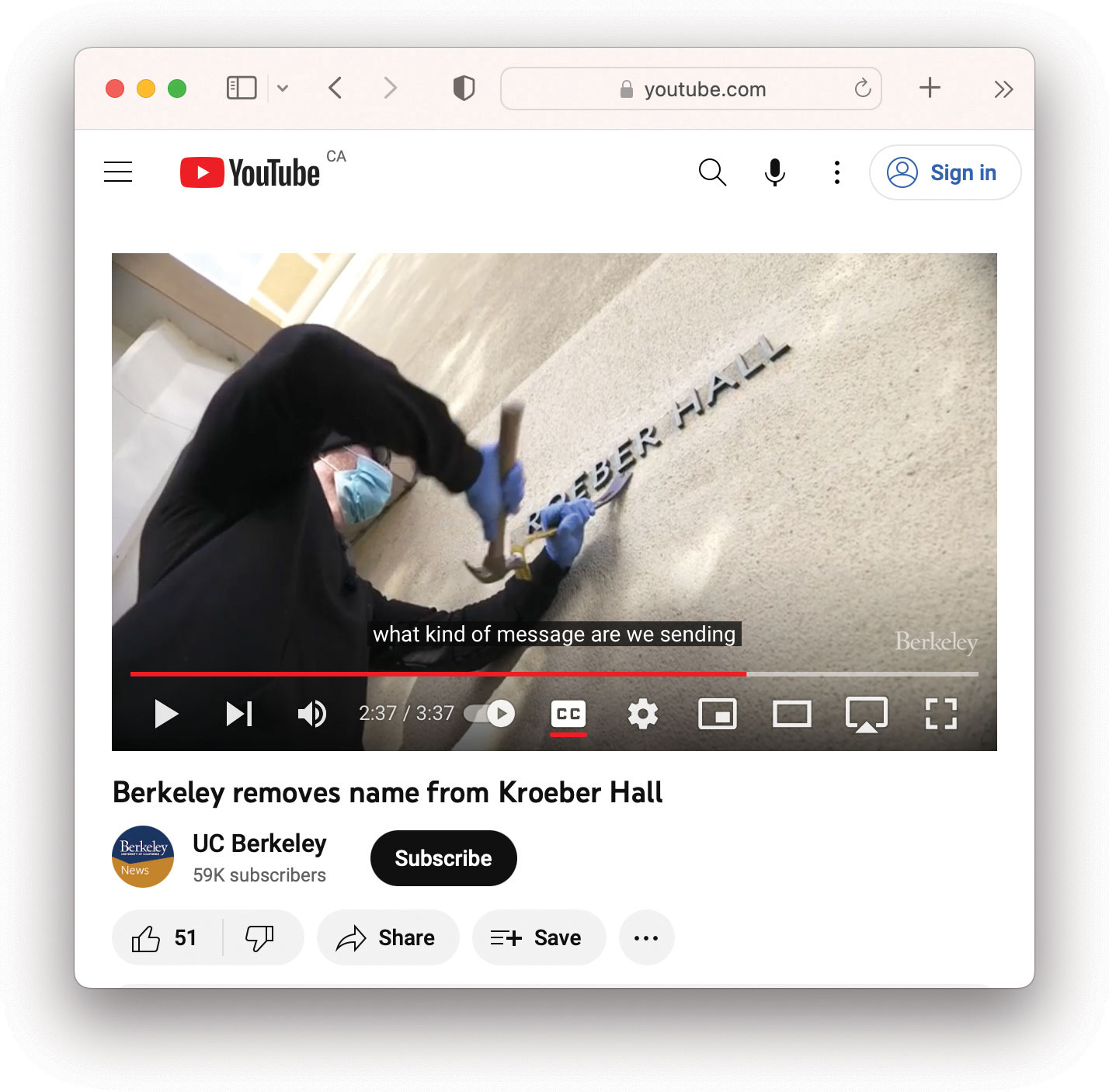 Screenshot: UC Berkeley removes name from Kroeber Hall (YouTube)