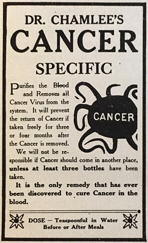 A typical fraudulent cancer "cure" highlighted in the American Medical Association's Nostrums and Quackery (1912)