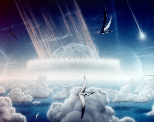 Artist's conception by NASA artist Don Davis of the impacting asteroid smashing into earth at the end of the Cretaceous. (Courtesy WIkimedia Commons).