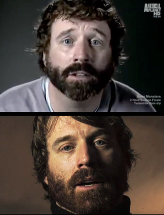 Dave Evans in his 2012 role as "Dr. Paul Robertson" in Mermaids: The Body Found (above) and his 2008 role as "Dr. mark Hoyt" in Goblin Man of Norway (below).