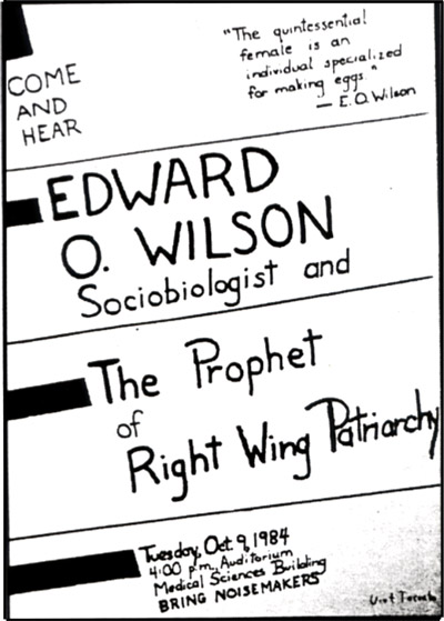 A poster announcing a talk by E. O. Wilson suggests that the audience bring noisemakers.