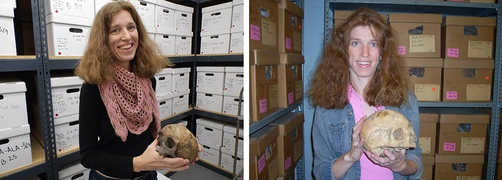 Controversial photo of anthropologist with skull vs. university-approved promotional image