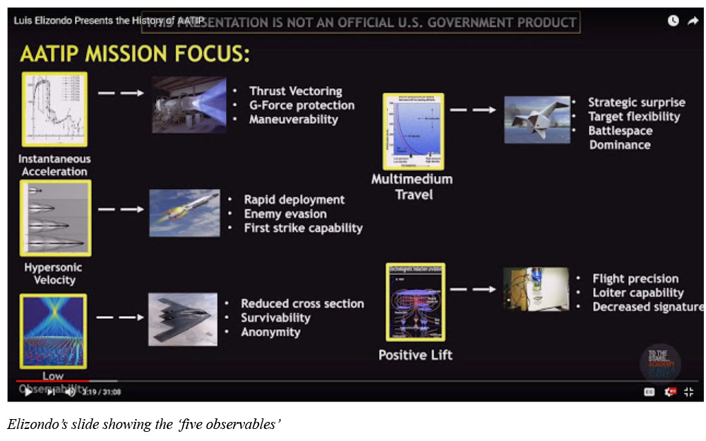 Elizondos slide showing five observables