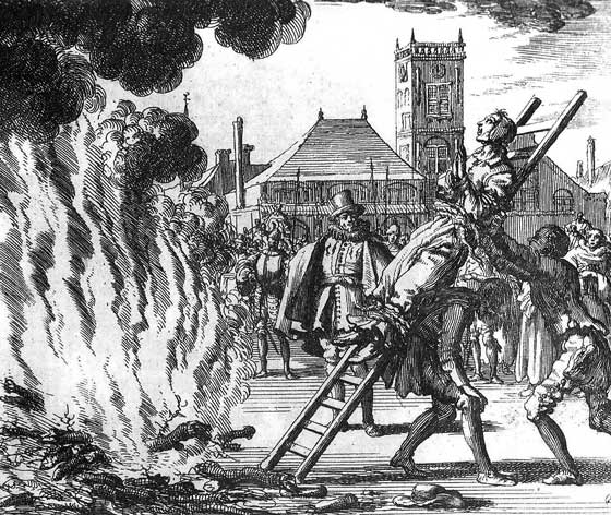 Anneken Hendriks, a woman accused of following the wrong faith, about to be burned to death in 1571. Depiction by the Dutch artist Johannes Jan Luyken. [PUBLIC DOMAIN] via wikimedia commons