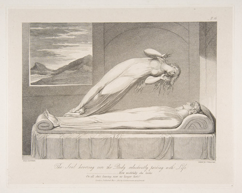 The Soul. William Blake’s portrayal of the soul departing the body upon death captures what most people believe to take place. An illustration from a series designed by Blake for an edition of the poem “The Grave” by Robert Blair, engraved by Louis Schiavonetti in 1813, titled <em>The Soul Hovering over the Body, Reluctantly Parting with Life</em>. Courtesy of the Metropolitan Museum of Art.