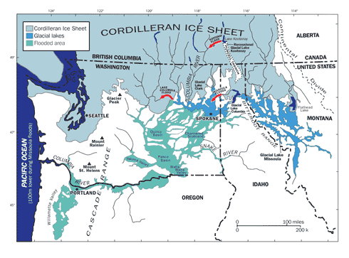 Figure 10: The distribution of Lake Missoula and the flooded areas. (from Waitt)