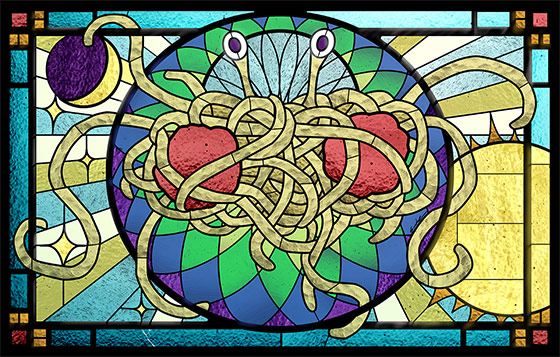 The Flying Spaghetti Monster. Stained glass by Sarah Pierce. Photo by John Dill via Flickr [CC BY 2.0].