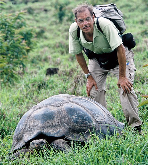 The author, standing next to a dome-shaped
tortoise in the highlands of Santa Cruz Island. Photograph by Mark W. Moffett.