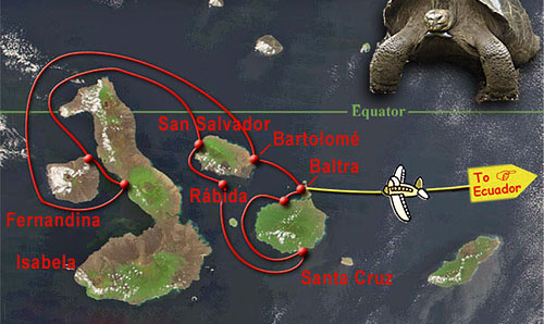 map marking the route the Galapagos tour will take