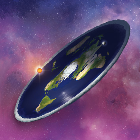 Flat Earth illustration by Daniel Loxton. Sun and Moon shown larger than imagined by Flat Earthers.