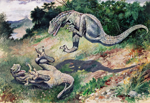 Knight's Dryptosaurs do battle (copyright AMNH)