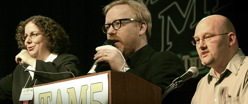 (left to right) Lori Lipman Brown, Adam Savage, and Benjamin Radford (photographs by David Patton, composite by William Bull)