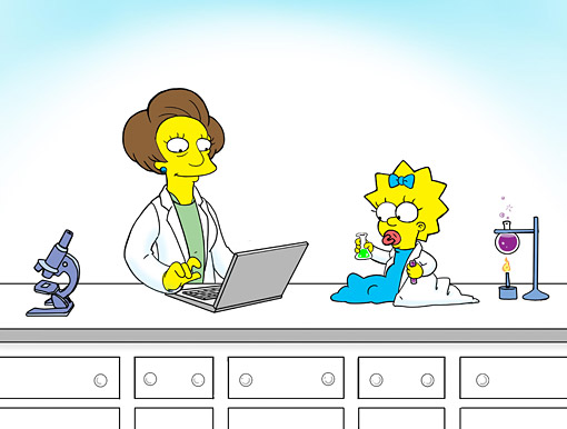 Baby Maggie Simpson and Mrs. Krabappel doing science. (Original art by former "Simpsons" animator Anna Maltese, used with permission).