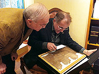 Joe Nickell and Michael Shermer examine a page from an ancient Egyptian Book of the Dead