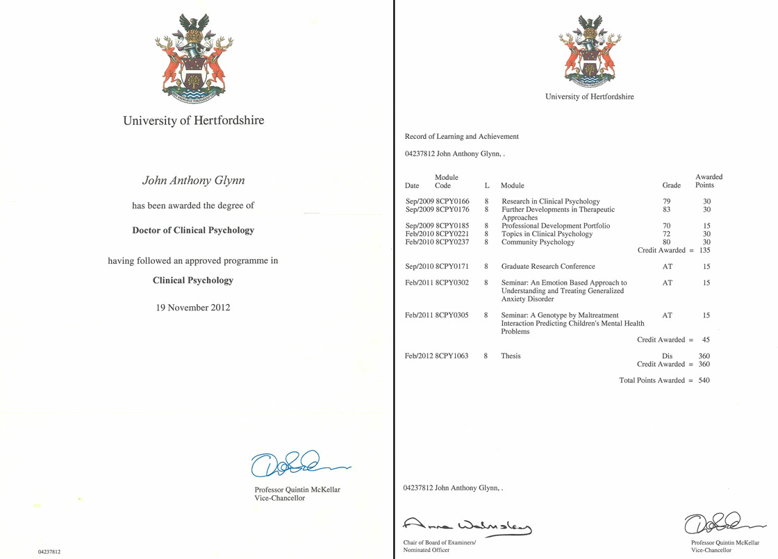 PhD Scan of Degree and Transcript received from JohnGlynn