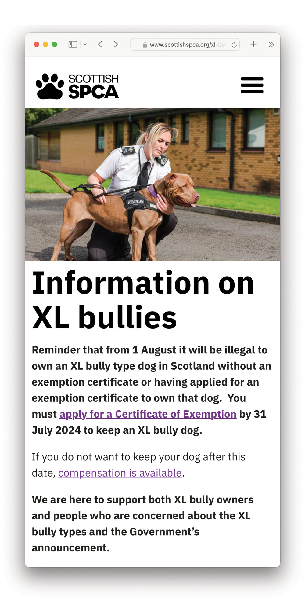 From August 1, 2024, it will be illegal to own an XL bully type dog in Scotland without an exemption certificate or having applied for an exemption certificate to own that dog.