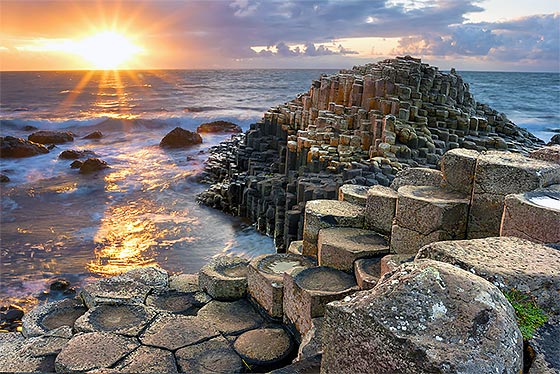 Sunset at Giants Causeway in North Antrim, Northern Ireland