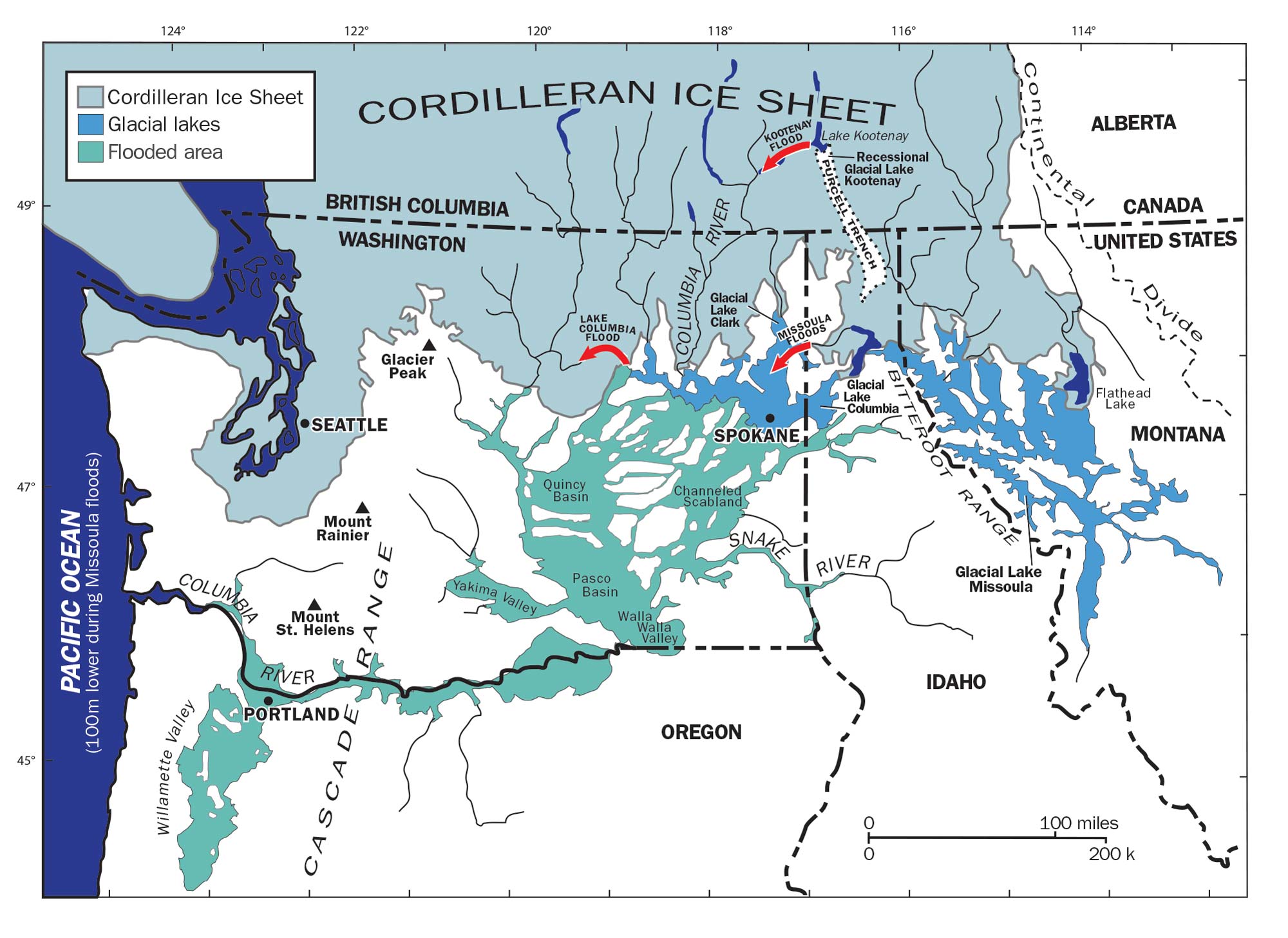 The distribution of Lake Missoula and the flooded areas