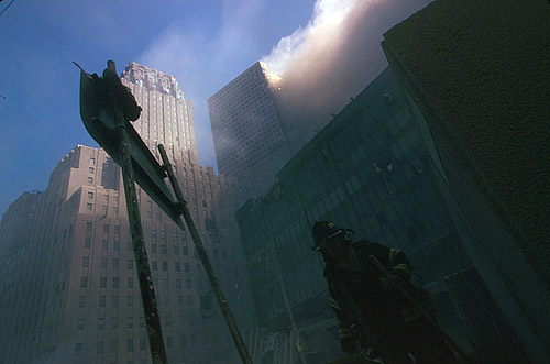 WTC7 on fire (photo creidt: Anonymous. Courtesy of the Prints and Photographs Division. Library of Congress.