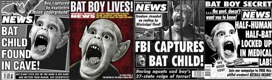 compliation of Weekly World News covers with Bat Boy on them