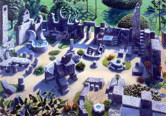 A view of the Coral Castle with its various structures and vignettes.