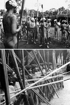 Top: armed visitors to a village feast. Bottom: the Yanomamo dress differently for war, without feathers and their faces painted black with masticated charcoal.