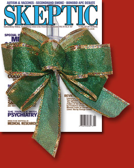 Skeptic magazine wrapped with a bow