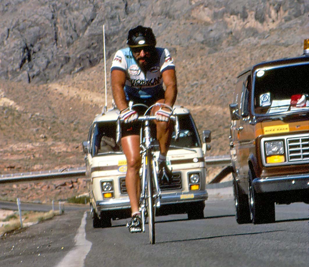 Michael Shermer in the 1984 Race Across America, crossing from Arizona into Utah through the Virgin River Gorge.