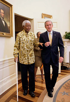 Former President Nelson Mandela of South Africa meets with US President George W. Bush in the Oval Office in 2005. And yet, according to some people's memories, Mandela died two decades earlier. (White House photo by Eric Draper)