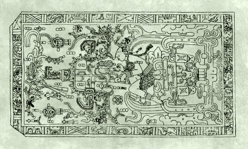 a 'Mayan rocket' (according to Erich von Daniken).  This illustration actually
depicts the Mayan ruler Pacal within a composition of standard Mayan iconography, including a bird, a god, and a cross