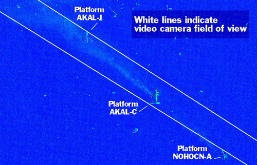 A Landstat image of the three oil platforms in the Campeche area off the coast of Mexico.