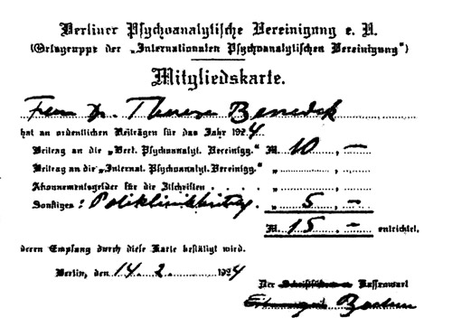 Therese Benedek'’'s membership card for the Berlin Psychoanalytic Society, including a 5 Kronen fee for support of the Society's free Polyclinic.