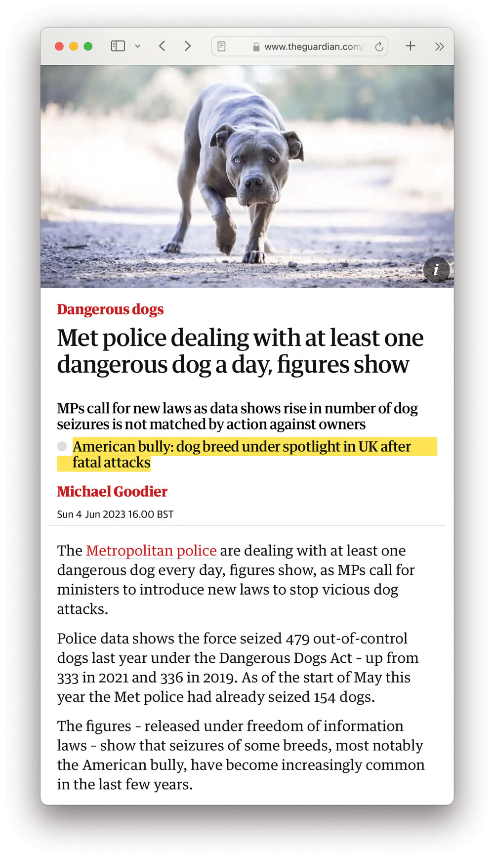 Met police dealing with at least one dangerous dog a day, figures show