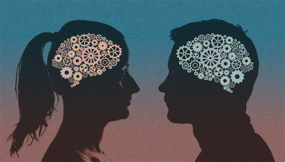 Differences in Thinking, by W Bull. This is a composite image of a silhouette of a man and a woman [public domain] (https://goo.gl/Qt5UE1) combined with the gear brains (https://www.flickr.com/photos/duboc/7896404652/), by jrduboc (https://www.flickr.com/photos/duboc/), used under Creative Commons [CC BY 2.0]. The gear brains image has been tinted from the original.