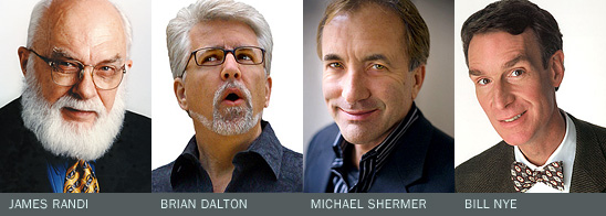 (left to right) Michael Shermer, Brian Dalton, James Randi and Bill Nye