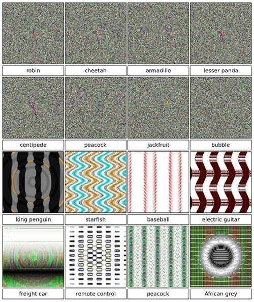 TV snow patterns and abstract geometric patterns identified by AI as specific objects.