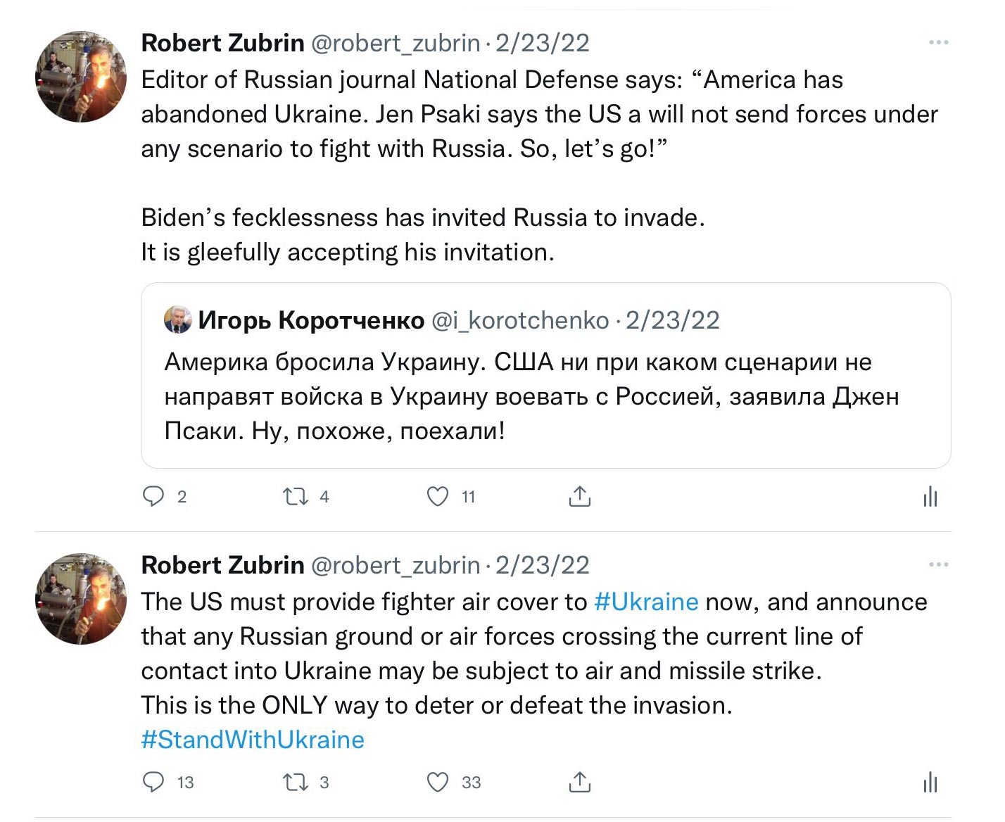 Tweet by Robert Zubrin (Feb 23, 2022)